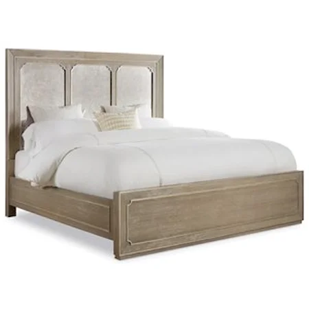 Transitional Queen Panel Bed with Antiqued Mirror Headboard Accent